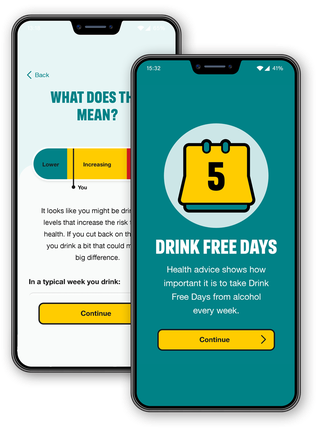 Screens from the Drink Free Days app. Screen 1: "red, orange, green" rating for alcohol intake. Screen 2: a motivational message for achieving 5 drink-free days