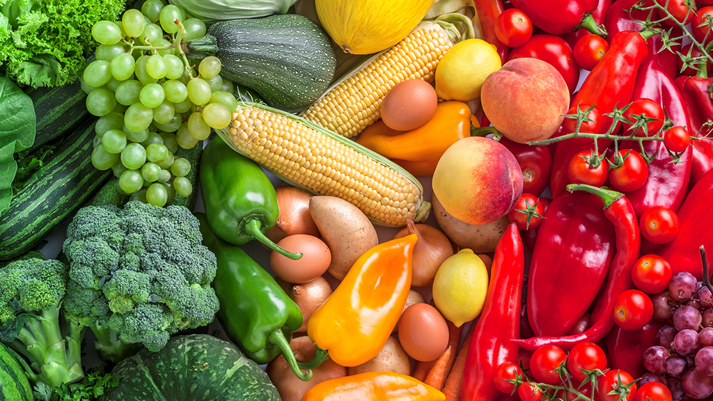 an array of fruit and vegetables